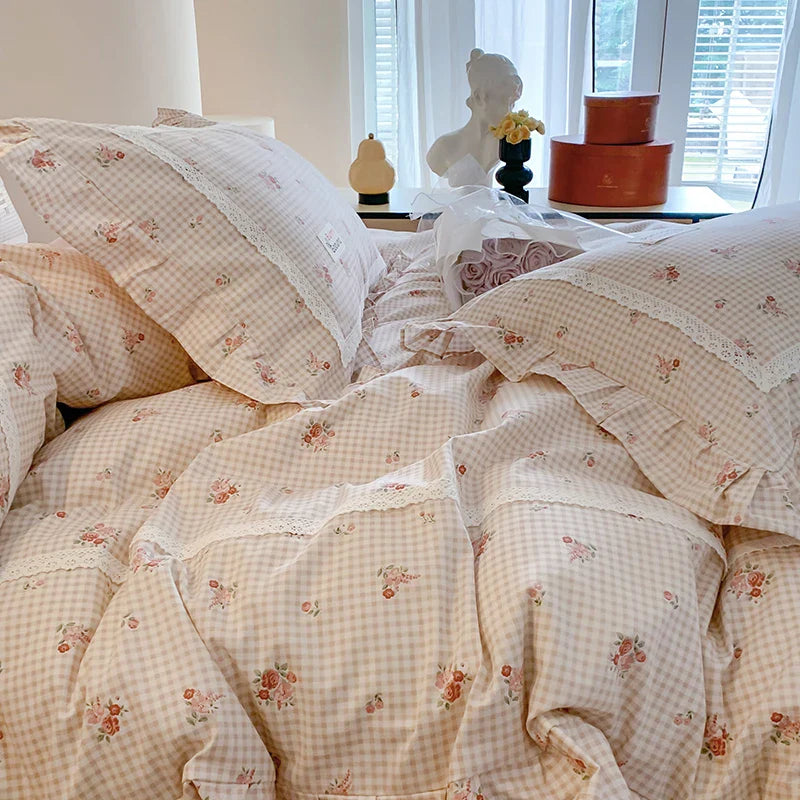 Afralia™ Princess Pastoral Cotton Bedding Set with Lace Ruffles & Floral Design