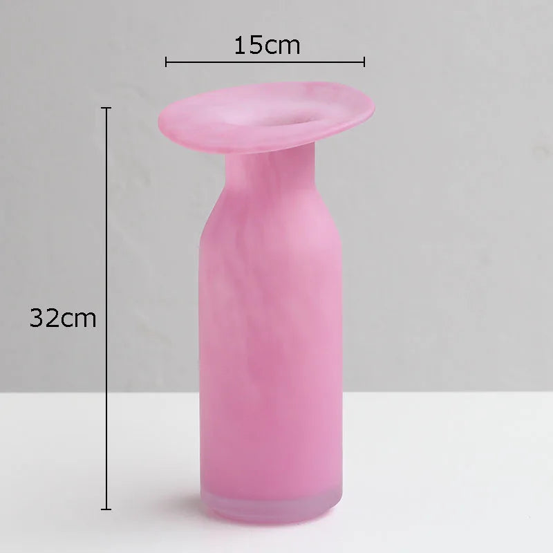Afralia™ Matte Pink Glass Vase Flowers Arrangement Irregular Bottle Mouth Floral Vase