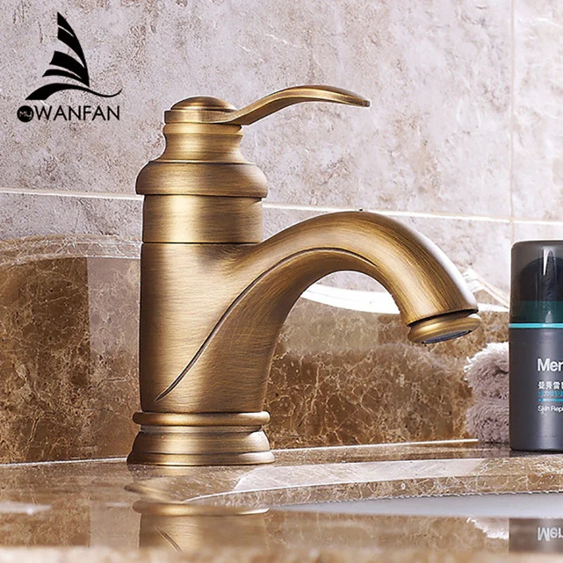 Afralia™ Antique Brass Basin Faucet Single Handle Deck Mounted Bathroom Sink Hot Cold Mixer