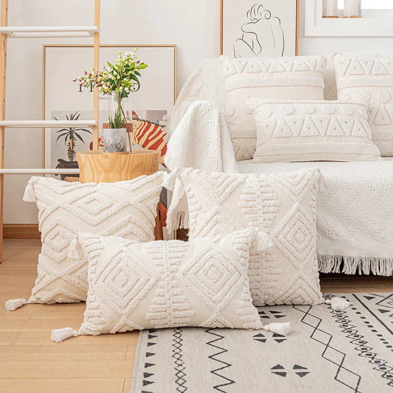 Afralia™ Cotton Tassels White Cushion Covers 45x45/30x50cm - Square Geometry Pillowcase