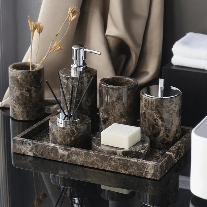 Afralia™ Emperador Dark Marble Bathroom Set with Luxury Accessories