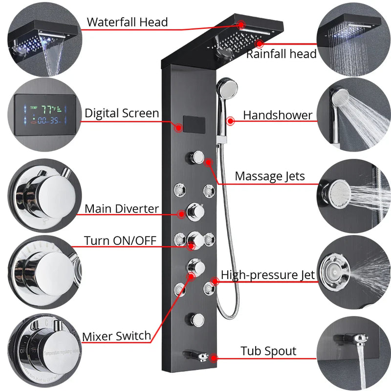 Afralia™ LED Rainfall Shower Panel System with Temperature Screen & Massage SPA