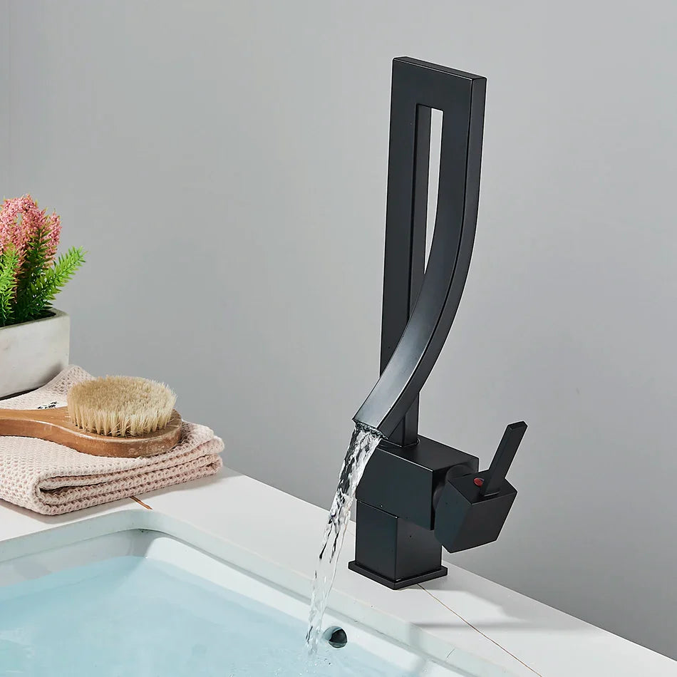 Afralia™ Waterfall Brass Basin Faucet, Single Handle Hot Cold Mixer for Bathroom Sink