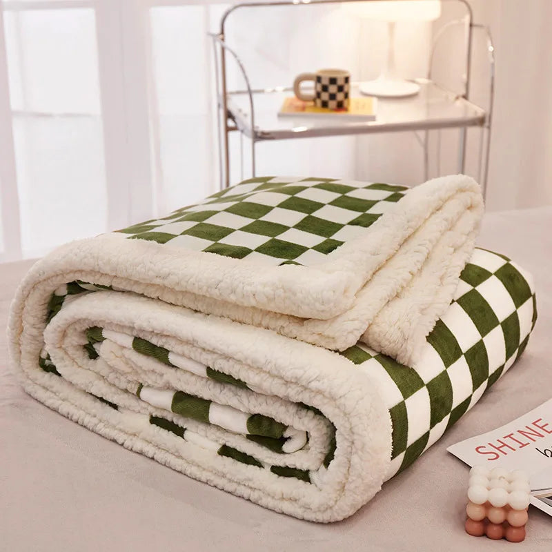 Afralia™ Double Layer Lamb Wool Checkered Blanket - Nordic Style Warm Bedspread