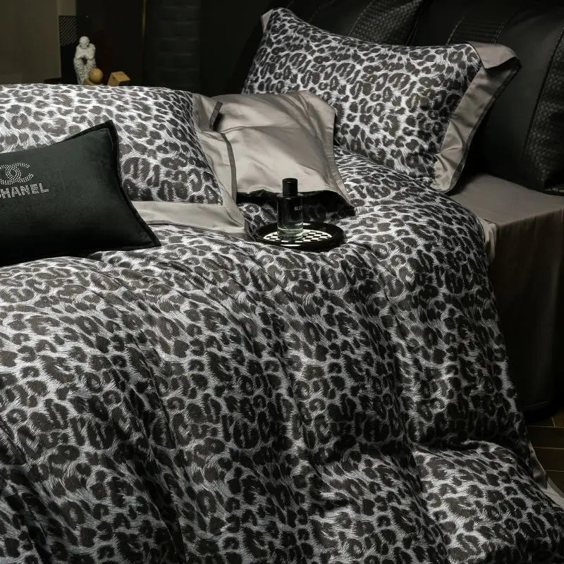 Afralia™ 1000TC Egyptian Cotton Grey Leopard Print Bedding Set with Duvet Cover, Sheet, Pillowcase