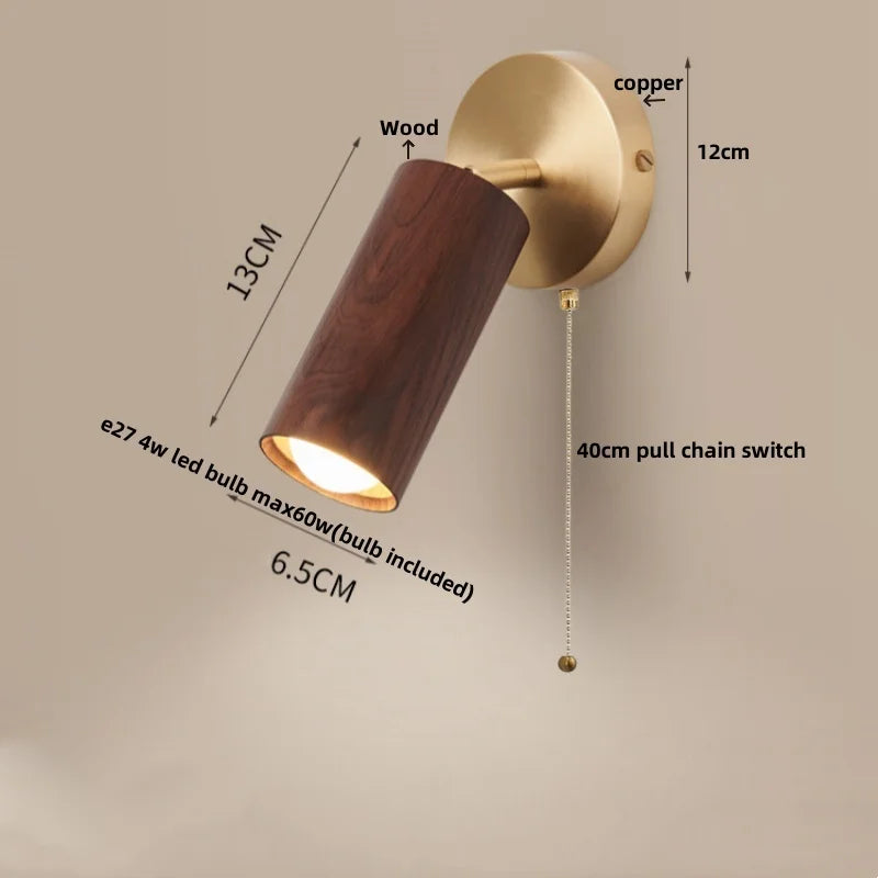 Afralia™ Wood Nordic LED Wall Light - Modern Copper Canopy Bedside Lamp