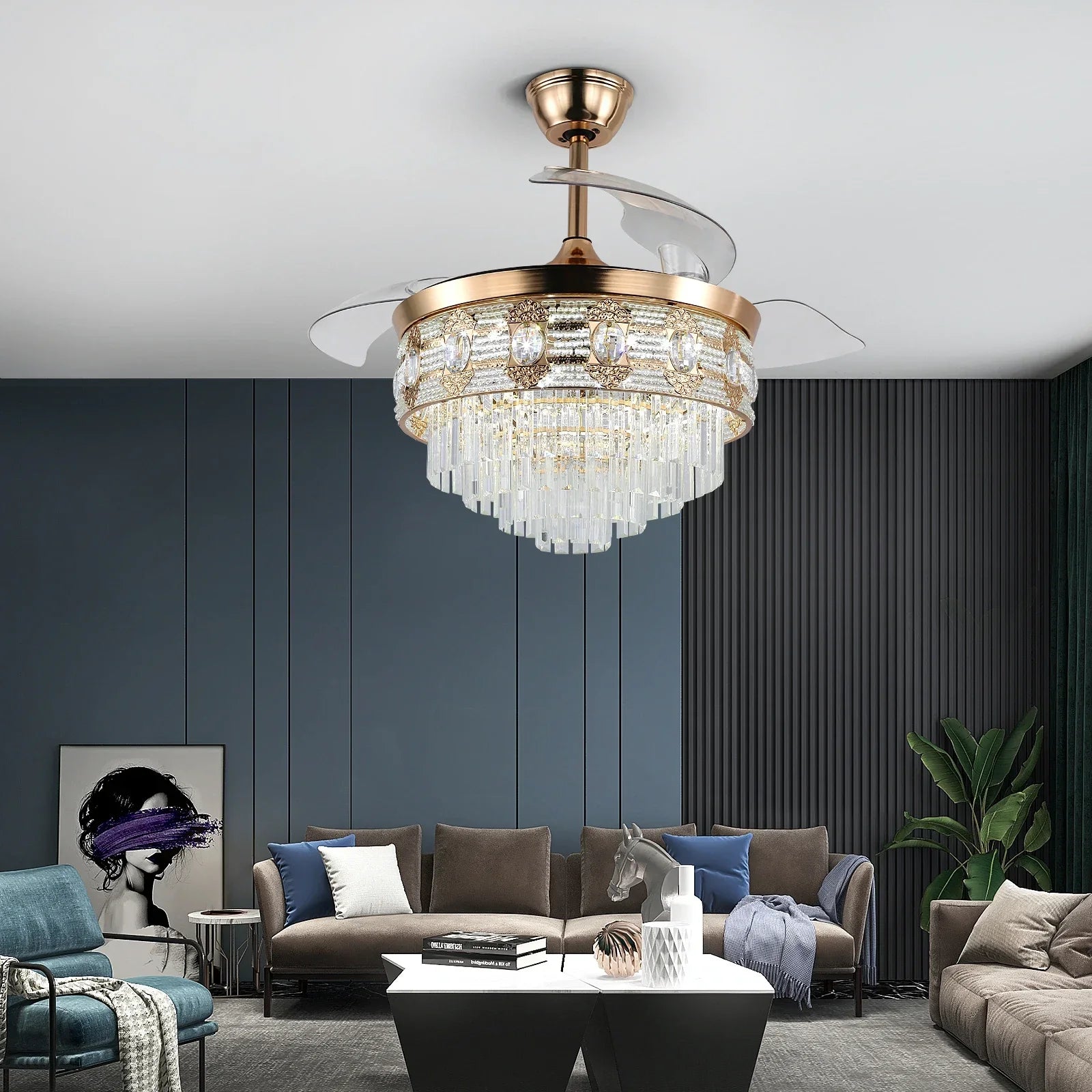 Afralia™ Crystal Pendant LED Ceiling Fan for Smart Home Decor