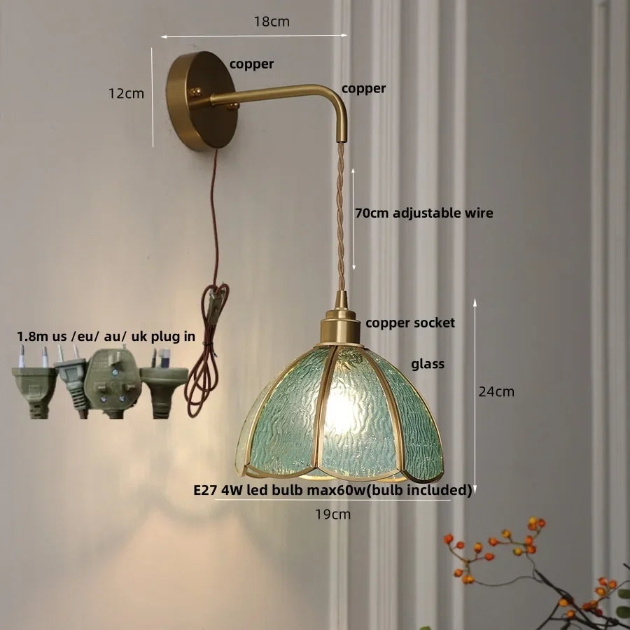 Afralia™ Tiffany Glass LED Wall Sconce Pull Chain Switch Bedroom Foyer Lamp