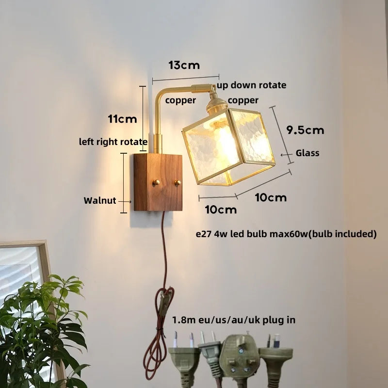 Afralia™ LED Walnut Wood Cube Glass Wall Light with Pull Chain Switch