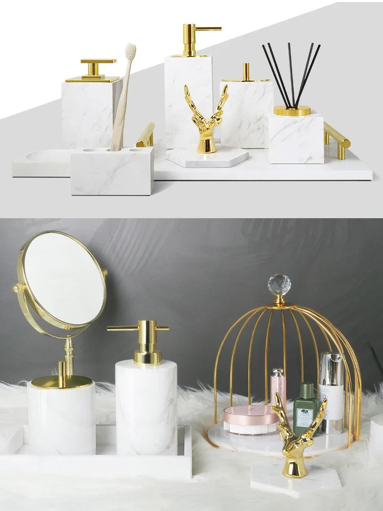Afralia™ Volakos White Marble Bathroom Set: Soap Dispenser, Makeup Rack, Vanity Tray