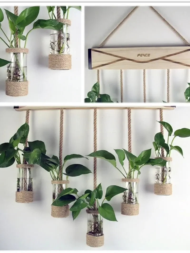 Afralia™ Glass Planter Vase with Wooden Stand for Wall Hanging Display