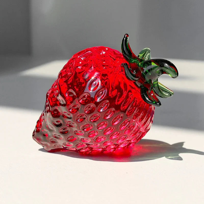 Afralia™ Glass Red Strawberry Figurine Crystal Fruit Miniature Ornament Decor