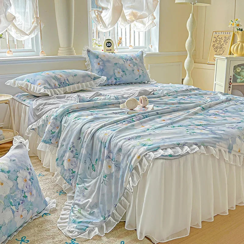 Afralia™ Floral Print Lace and Ruffle Summer Quilt: Skin-Friendly, Breathable Comforter