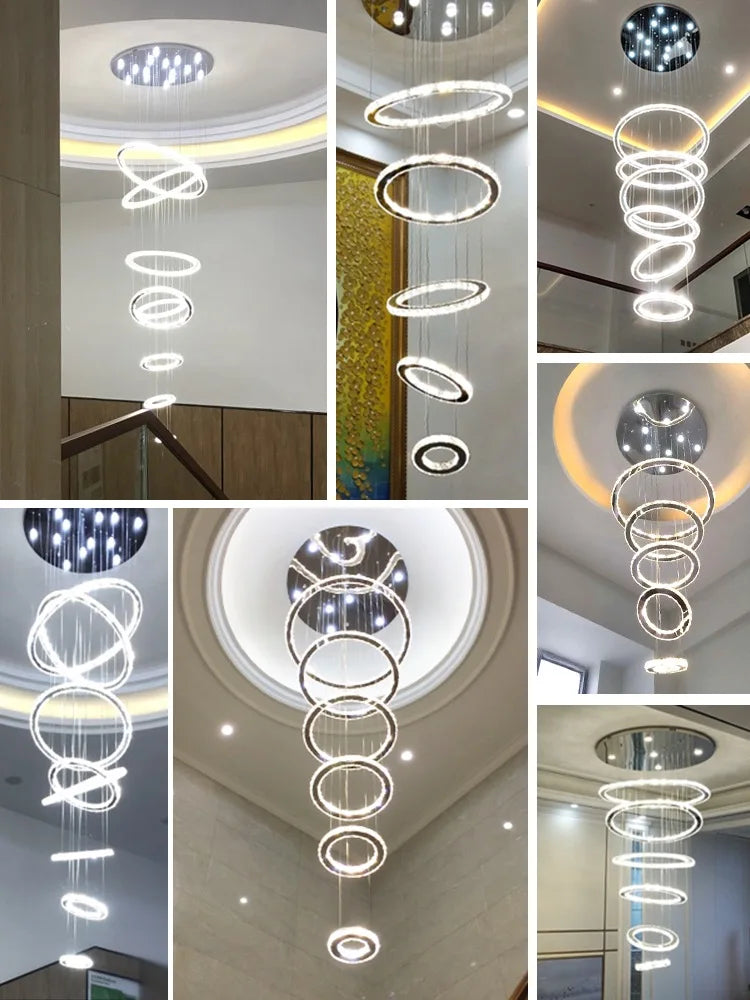 Afralia™ Chrome Rings Crystal Chandelier: Modern Luxury Staircase Lighting for Villa Lobby Fixtures