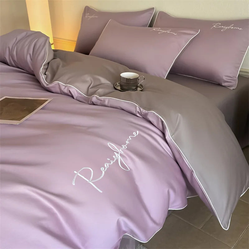 Afralia™ Pure Cotton Luxury Embroidery Bedding Set - Nordic Solid Color Duvet Bedclothes