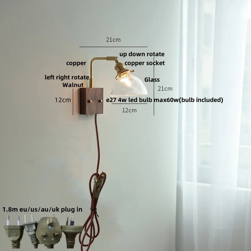 Afralia™ Walnut Wood LED Wall Sconce Vintage Copper Toggle Switch Light