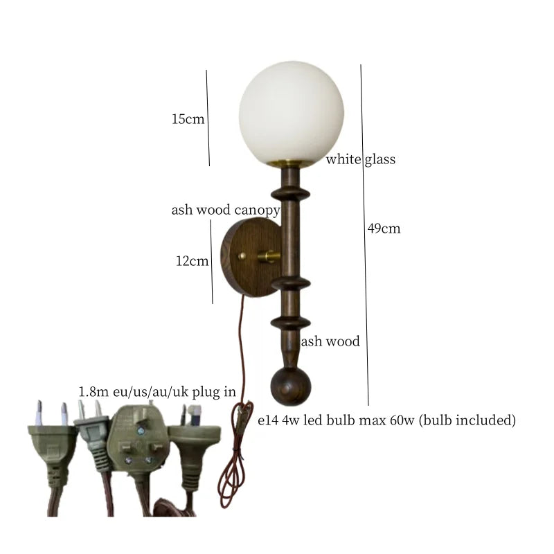 Afralia™ Tawny Glass LED Wall Sconce - Vintage Ash Wood Wandlamp