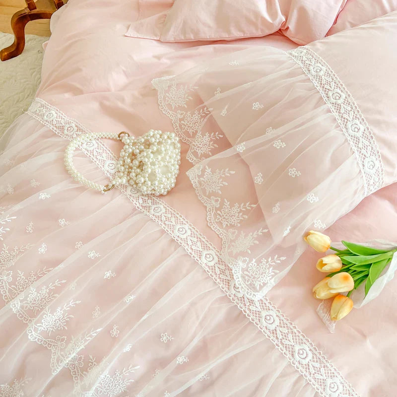 Afralia™ French Princess Lace Ruffles Bedding Set, 100% Cotton, Pink Romantic Theme