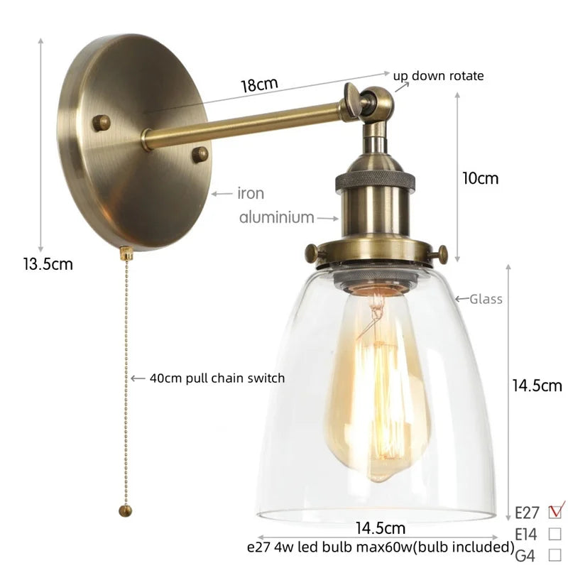 Afralia™ LED Wall Light Fixture Pull Chain Switch Industrial Vintage Bedroom Lamp