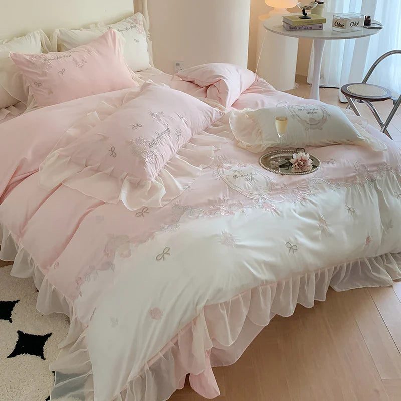 Afralia™ 4Pcs Flowers Embroidery Princess Queen Bedding Set with Lace Ruffles