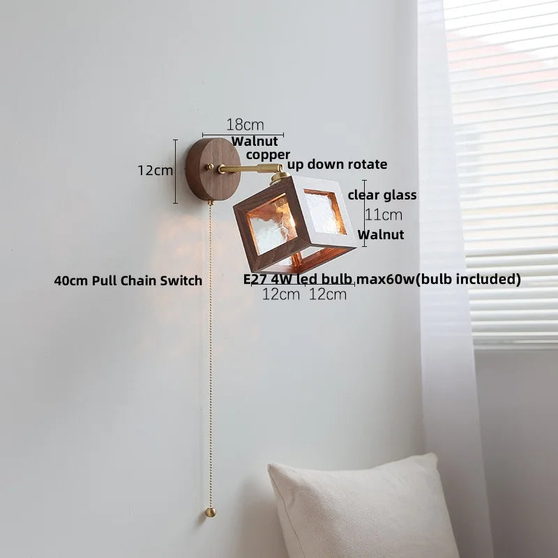 Afralia™ LED Walnut Wood Wall Light Fixture Clear Glass Sconce Bedside Lamp