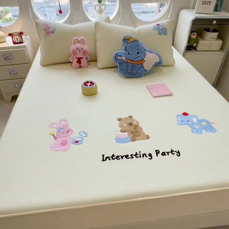 Afralia™ Cartoon Embroidered Fitted Sheet for Single Bed - All-Season Comfort