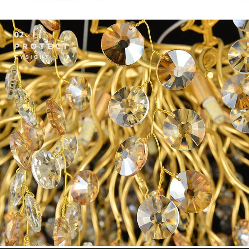 Afralia™ Golden Dendrite Crystal LED Ceiling Chandelier - Luxe Living Room Lighting