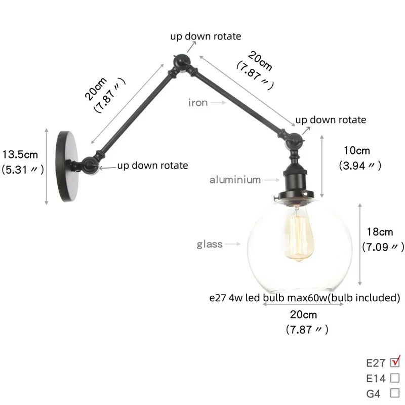 Afralia™ Black Vintage Wall Lamp White Glass Industrial Swing Arm Adjustable Bedside