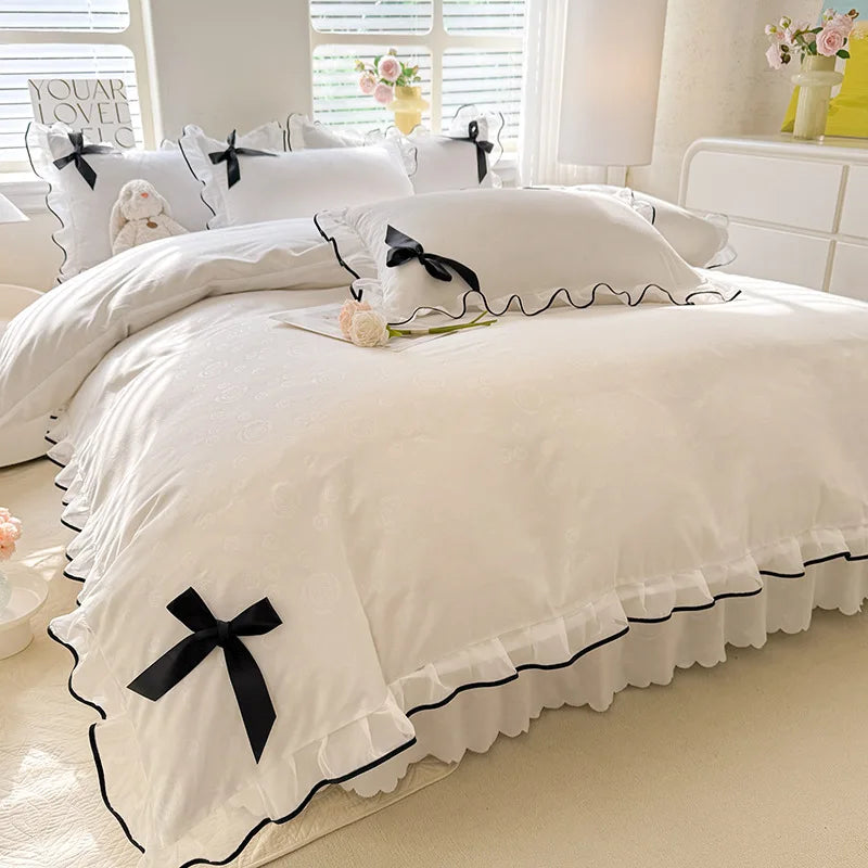 Afralia™ Lace Bow Bed Skirt Bedding Set in Romantic Solid Color for King Queen Double Sizes