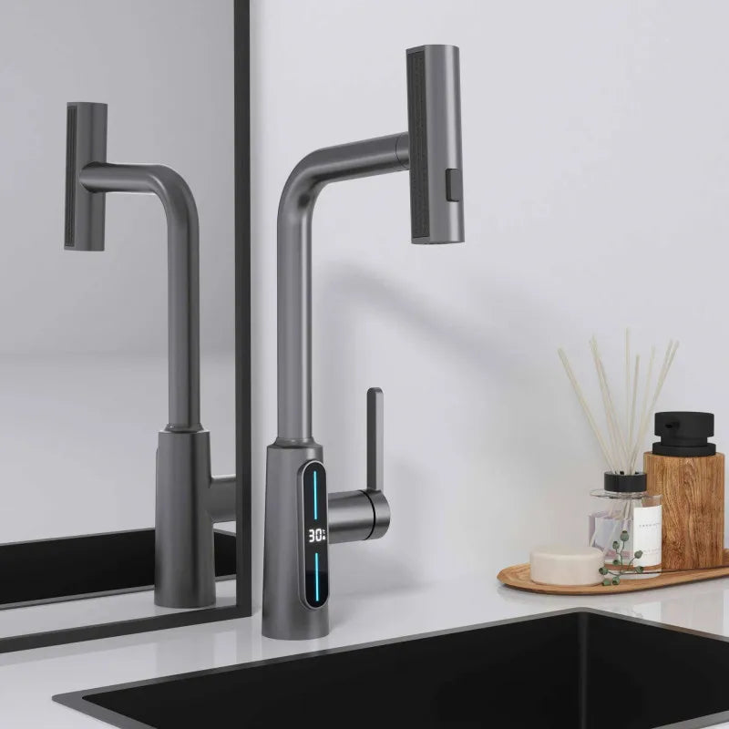 Afralia™ Brass Kitchen Faucet Pull Out Mixer Tap in White Gray
