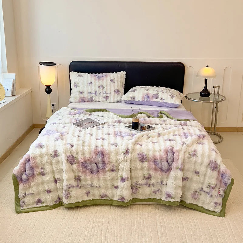 Afralia™ Cartoon Printed Faux Rabbit Plush Thick Blanket for Office Nap and Sofa Warmth