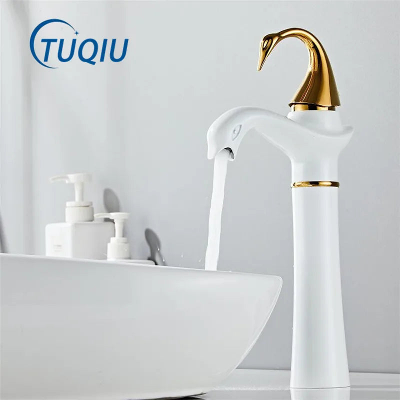 Afralia™ Swan Gold White Tall Basin Faucet: Brass Black Bathroom Mixer Tap