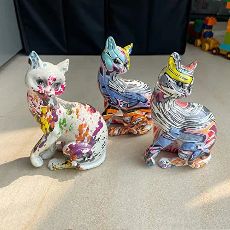 Afralia™ Multicolor Cat Statue, Splash Color Kitten Sculpture for Home & Office Decoration