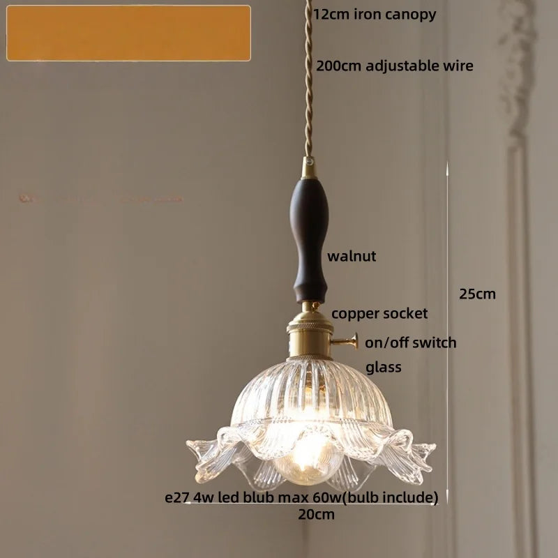 Afralia™ Vintage Green Glass Flower Knob Switch LED Pendant Lights, Copper Hanging Lamp