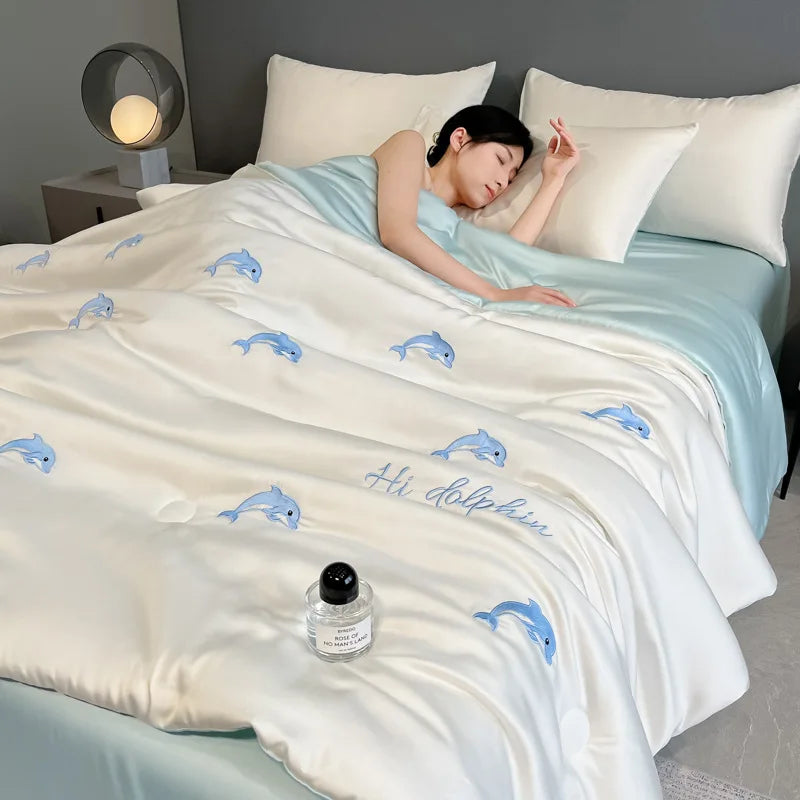 Afralia™ Washed Silk Embroidered Quilt Set Queen, Cooling Summer Blanket