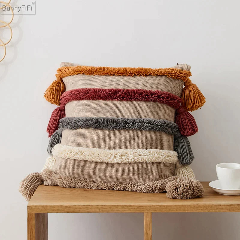 Afralia™ Knit Boho Tassels Cushion Cover Ivory Beige Orange Grey Soft Pillow Cover