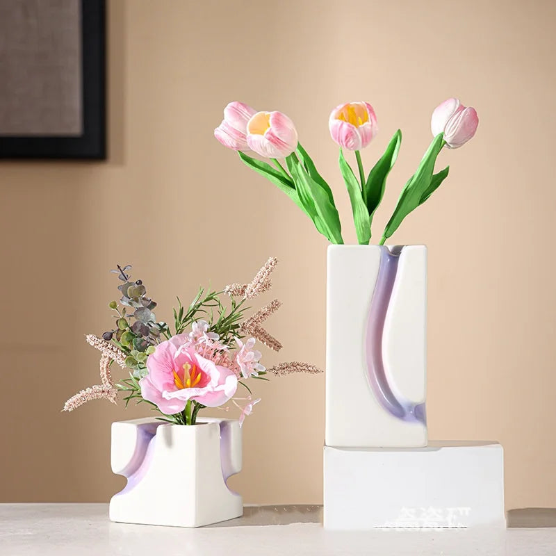 Afralia™ Purple Geometry Ceramic Flower Vase, Abstract Design for Stunning Floral Arrangements