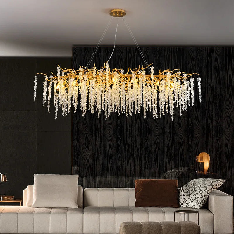 Afralia™ Modern Gold Tassel Crystal Branch Chandelier Pendant