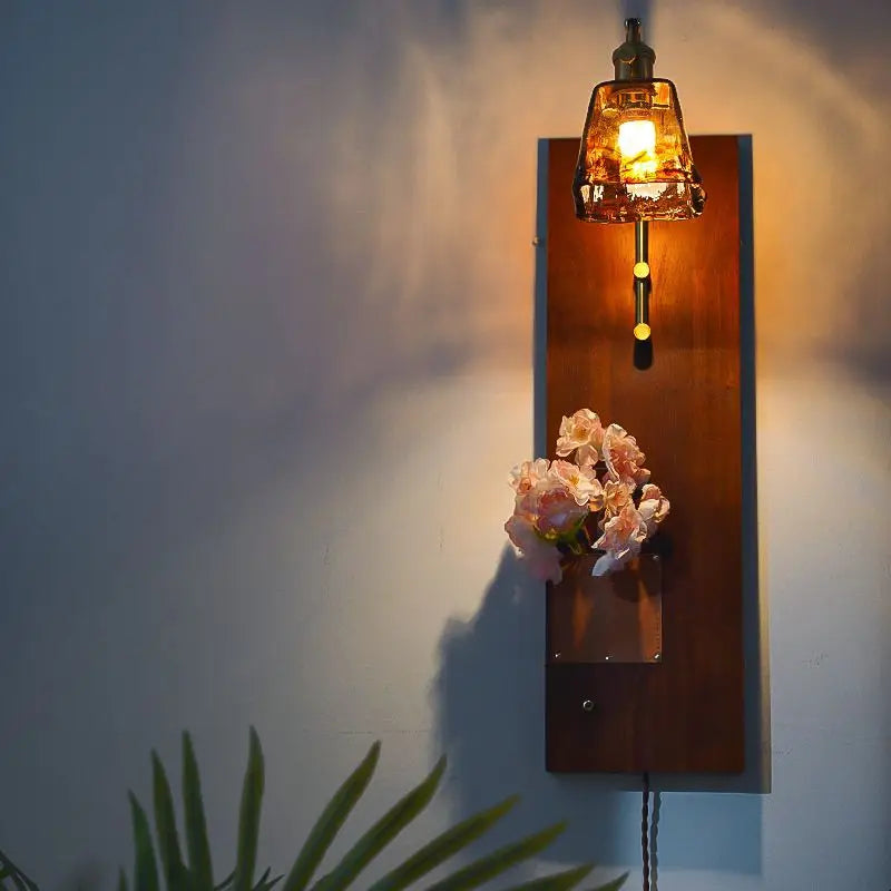 Afralia™ Retro Solid Wood Flower Wall Lamp for Medieval Bedroom, Copper Glass Staircase Decor