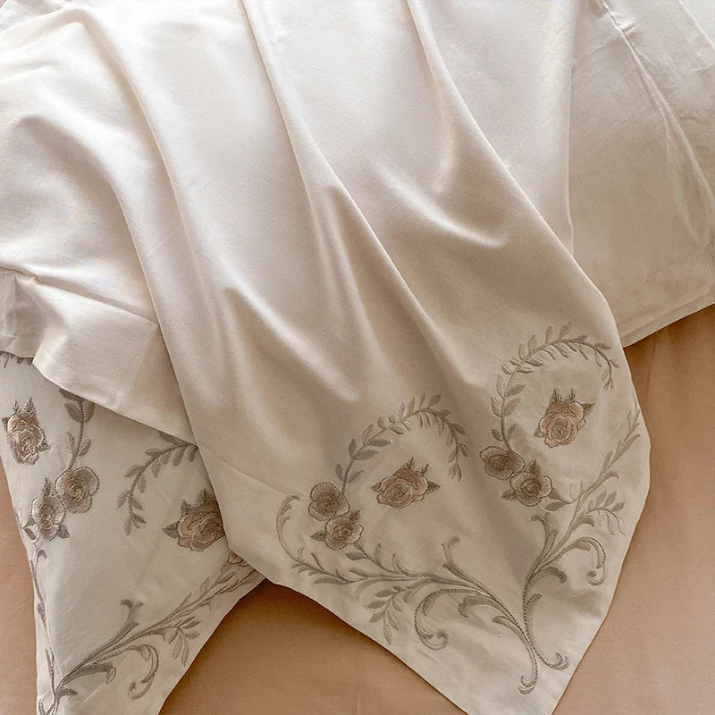Afralia™ European Palace Style Flowers Embroidery Cotton Luxury Bedding Set with Duvet Cover, Sheets, Pillowcase