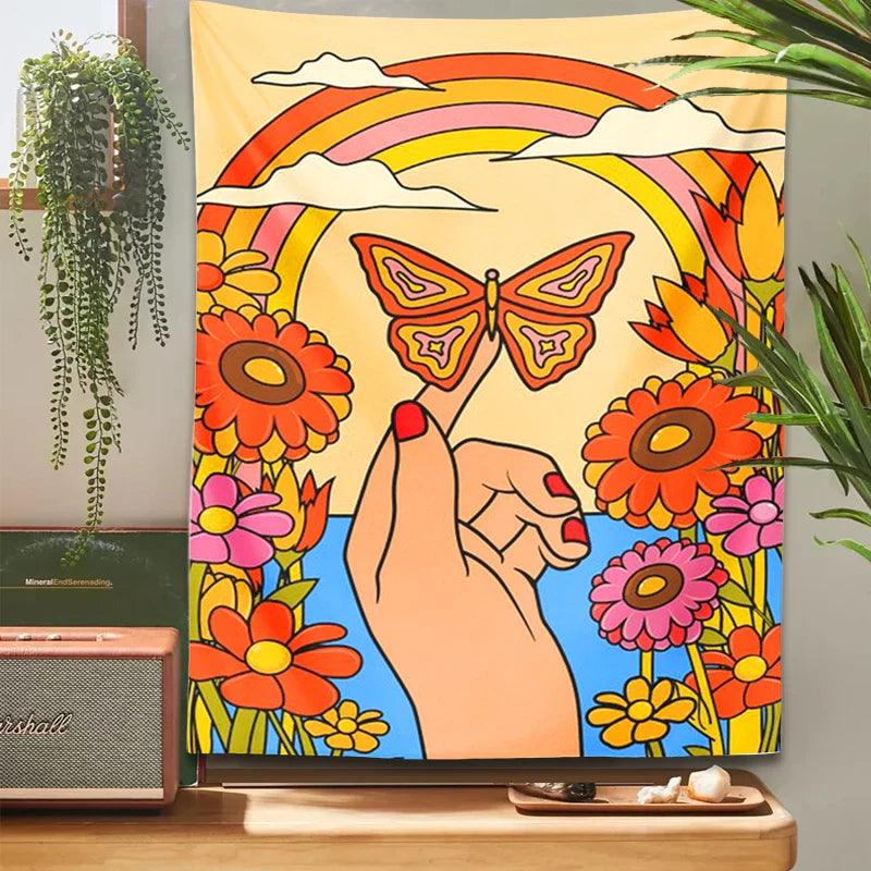 Afralia™ Butterfly Rainbow Tapestry Wall Hanging: 70s Vintage Retro Flower Child Psychedelic Art