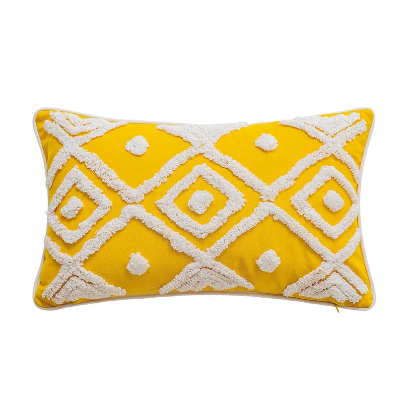 Afralia™ Yellow Geometric Tufted Cushion Cover with Crochet Tassels