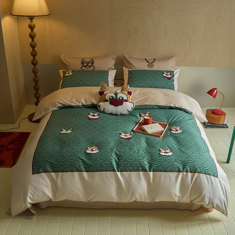 Afralia™ Chinese Embroidered Cotton Bedding Set: King Size Duvet Cover, Sheet, Quilt Cover