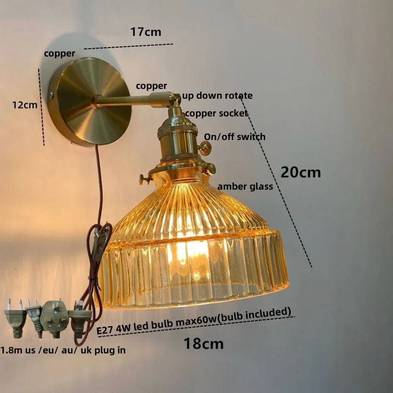 Afralia™ Glass Pull Chain LED Wall Lamp Copper Socket Study Living Room Stair Light