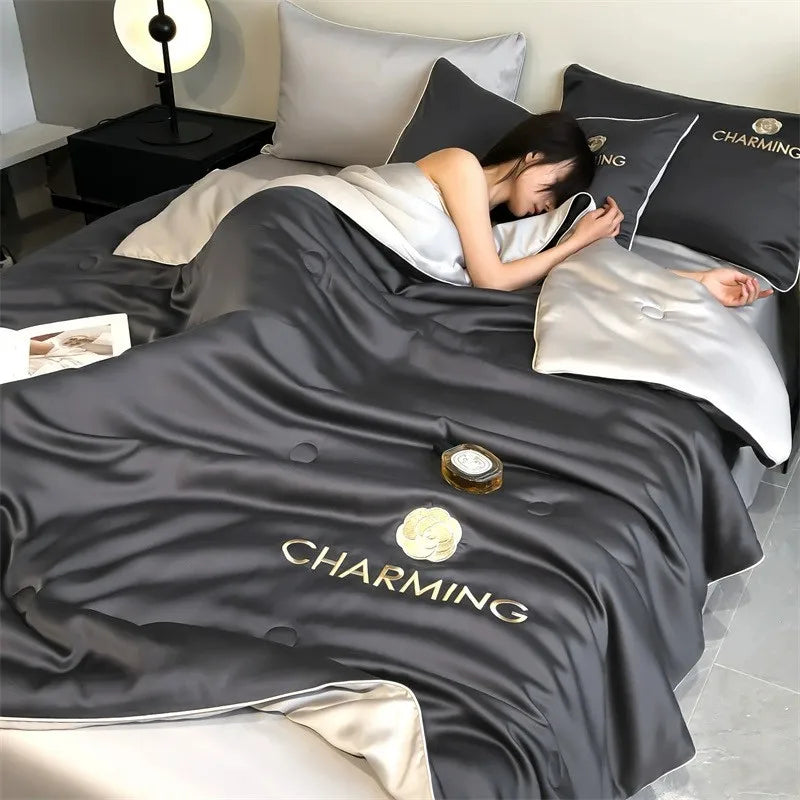 Afralia™ Nordic Style Floral Embroidered Ice Silk Comforter Set for Cooling Luxury Experience.