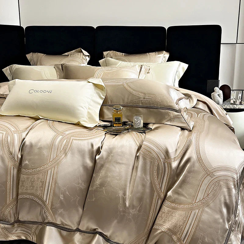 Afralia™ Brocade Satin Jacquard Egyptian Cotton Bedding Set, Luxury Silky Duvet Cover, Bed Sheet, Pillowcase