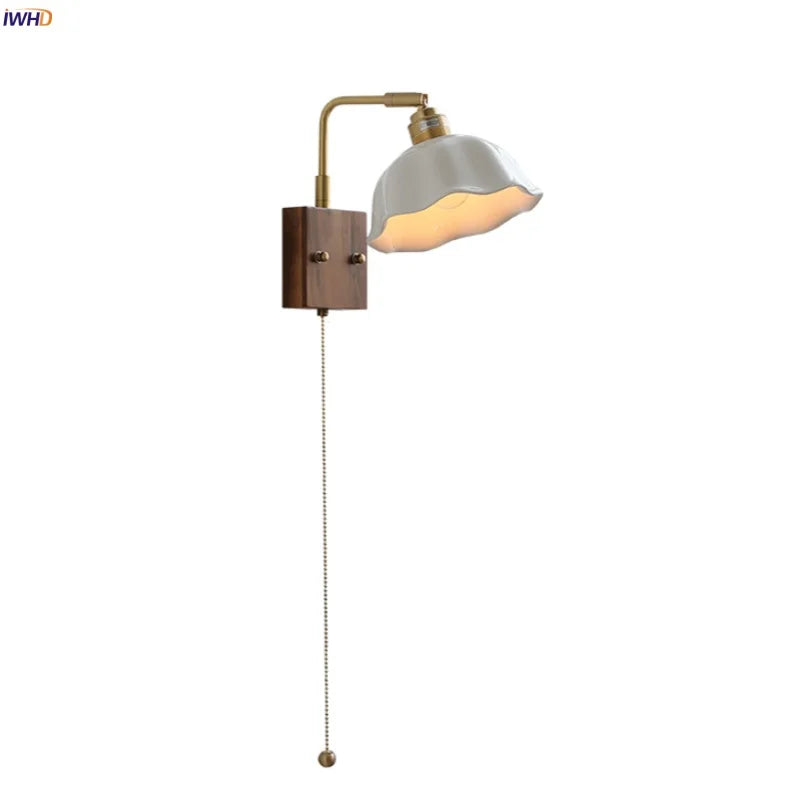 Afralia™ Nordic LED Wall Light Pull Chain Switch Rotatable Walnut Copper Bedside Lamp