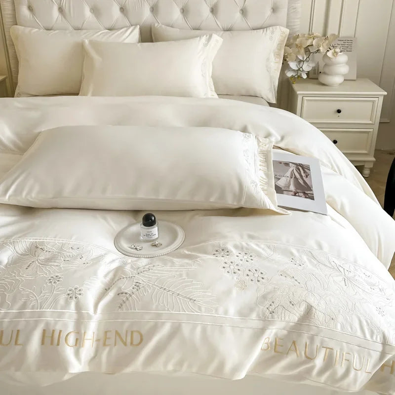 Afralia™ Solid Ice Silk Embroidery Bedding Set: Silky Cooling Duvet Cover, Cozy & Skin-Friendly