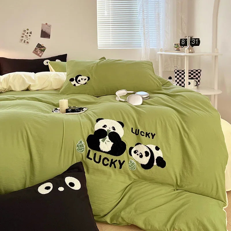 Afralia™ Panda Jacquard Cotton Bedding Set - Soft Double Color Washed Four Piece Bed Set