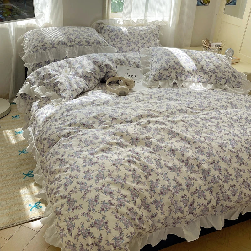 Afralia™ Small Floral Lace Ruffles Princess Bedding Set with Vintage Charm